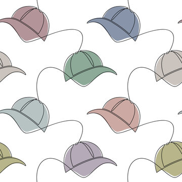 Colorful baseball cap icon vector seamless pattern. Line continuous drawing. Cartoon background illustration. Hand drawn doodle wallpaper. Graphic design, print, banner, card, poster, brochure.