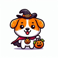 Cute dog in witch hat with pumpkin and bats. Halloween illustration.