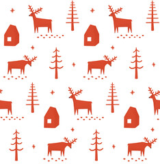 Cute red reindeer, pine, forest house and tree seamless pattern for winter holiday wrapping paper, fabric, print or greeting card. Funny Christmas woodland deer animal background - 660390350