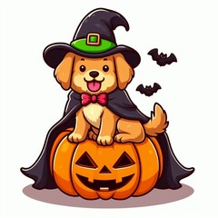 Cute dog in witch hat with pumpkin and bats. Halloween illustration.