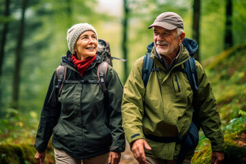 Obraz premium Senior couple while hiking, filled with wonder at the beauty of nature during their active retirement