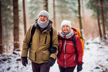 Senior couple while winter hiking, filled with wonder at the beauty of nature during their active retirement