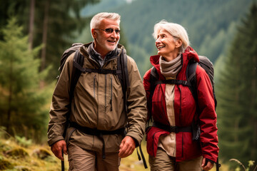 Fototapeta premium Senior couple while hiking, filled with wonder at the beauty of nature during their active retirement