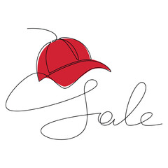 Red baseball cap hat line continuous icon. Sale sign vector. Text lettering, hand drawing. Graphic design, banner, brochure, showcase sign, retail shop, outlet, card, symbol. Shopping, discount.