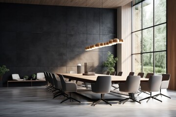 Front view of empty modern conference room with office table and chairs.