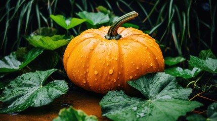 Ripe wet pumpkin lying in a pile with green leaves. Harvesting, autumn.
