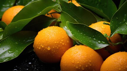 Ripe wet oranges lying in a pile with green leaves. Harvesting, autumn.