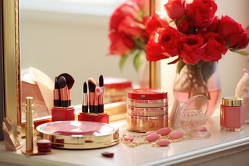 Obraz na płótnie Canvas Luxury makeup products and accessories on dressing table