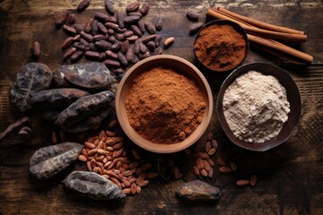 Cocoa powder on roasted cocoa chocolate beans backgroun.