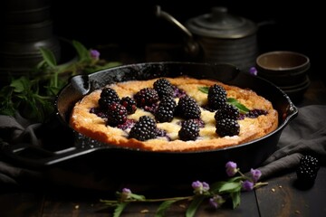 Freshly baked cheesecake with blackberries.