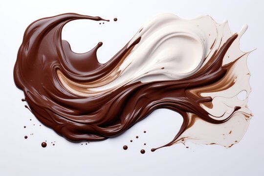 Chocolate and milk splashes moving to each other. White background.