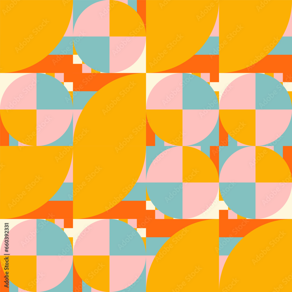 Poster simple geometric seamless pattern. modern abstract background with circle, semi circle, square, rect