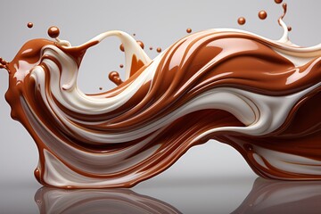 Chocolate and milk splashes moving to each other. White background.