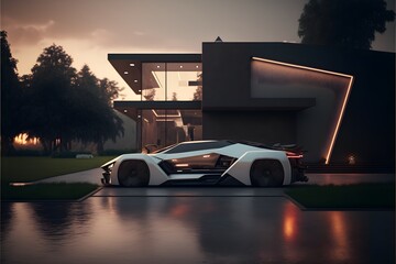 sportscar in front of modern simplistic futuristic home cinematic dramatic lighting hyperealistic 8k  - obrazy, fototapety, plakaty