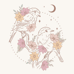 Minimalistic art birds with flowers, abstract background, vector art