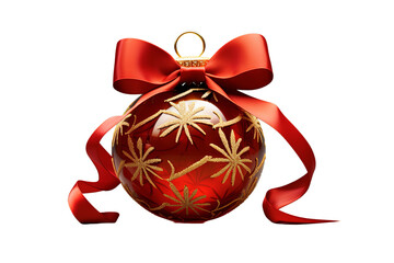 Christmas Red Ball with Red Ribbon and Bow Decoration. Ornament for the holiday tree. Red sphere isolated on transparent background. Holiday family celebration. Close-up of opulent holiday.