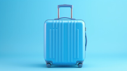 Blue suitcase on pastel blue background. minimal travel concept.
