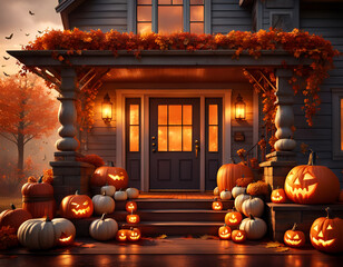 Obraz premium Halloween decorated front door with pumpkins of various size. Front Porch decorated for the Halloween season. Concept of Halloween. Digital illustration. CG Artwork Background