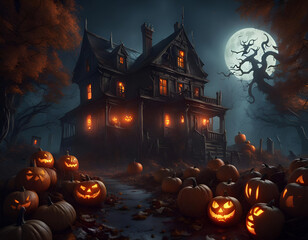 Fototapeta na wymiar Horror house with jack-o-lanterns under full moon. Concept of Halloween. Digital illustration. CG Artwork Background