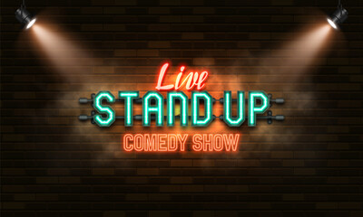Stand Up Comedy. Retro neon sign on brick wall background illuminated by spotlights. Vector illustration. - obrazy, fototapety, plakaty