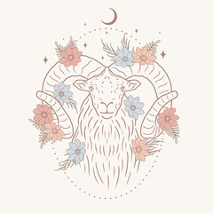 Minimalistic art goat with flowers, abstract background, vector art
