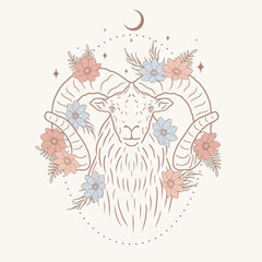 Minimalistic art goat with flowers, abstract background, vector art