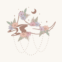 Minimalistic art stingray with flowers, abstract background, vector art