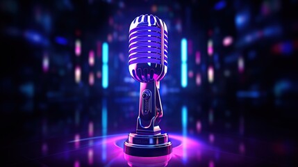 Microphone with illuminated neon lights on a dark background.AI generated image - obrazy, fototapety, plakaty
