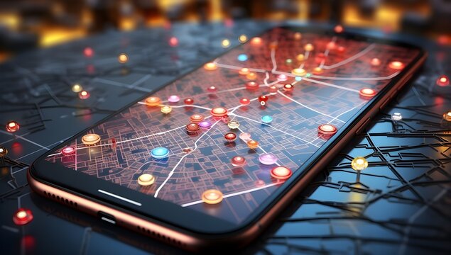 Smartphone with location pins inside, surreal urban style, bryce 3d, social network analysis, light red and azure, perspective rendering, bird's eye view.