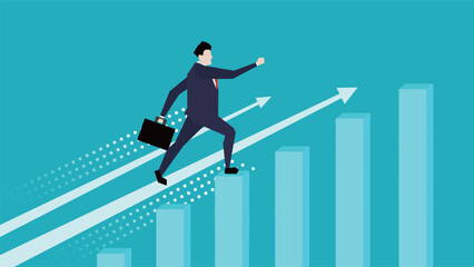目標に向かって上昇しているグラフの上を駆け上がっているビジネスマン（青）　Businessman running up on a graph rising toward a goal (blue)