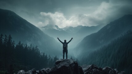 A single person standing at the top of a mountain - obrazy, fototapety, plakaty