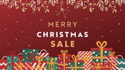 プレゼントやヤドリギで飾られた豪華なクリスマス広告テンプレート（赤）　Gorgeous Christmas ad template decorated with presents and mistletoe (red)