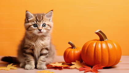Feline Autumn Fashion: A Charming Cat in Scarf and Hat against a Vibrant Orange Background – Your Message Here