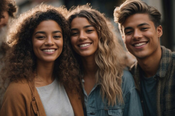 Group of friends smiling in the city at sunset