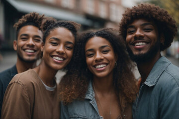 portrait of a smiling group of people in the city