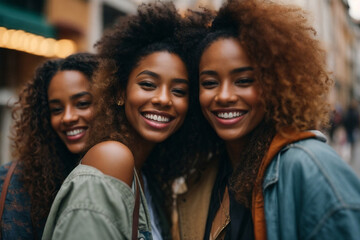 Fototapeta premium Women smiling in the street. Group of friends. AI Generative 
