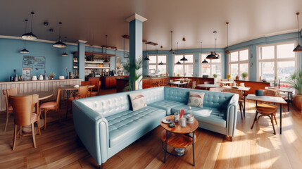 Cozy cafe interior with sofas and tables for quick lunch, angle view, panorama, copy space