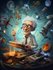 cartoon old scientist inventor with many educational tools and symbols, in the style of quirky caricatures - obrazy, fototapety, plakaty