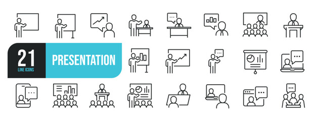 Set of line icons related to presentation, meeting, business, discussion. Outline icons collection. Editable stroke. Vector illustration.