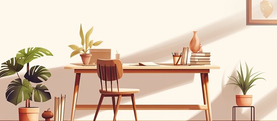 Sunlit workspace interior for an illustrator with a wooden chair drawings plants and white walls With copyspace for text