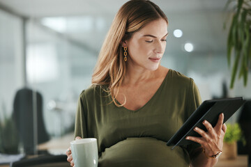 Tablet, research and pregnant business woman in office reading information on internet. Maternity, coffee cup and female designer from Canada with pregnancy working on digital technology in workplace