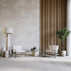 Interior with concrete wall, wood panels, armchairs coffee table and decor. 3d render illustration mockup.
