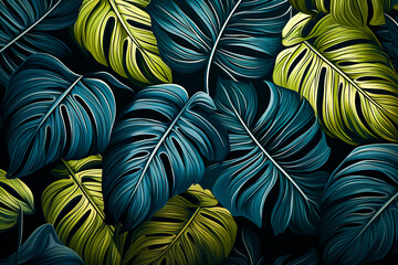 Bunch of green and blue leaves on black background.