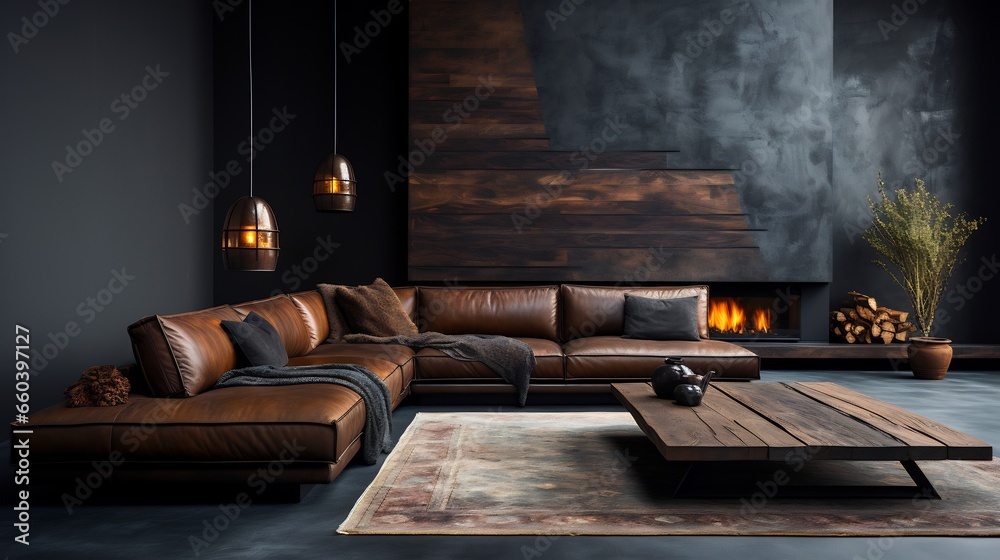 Wall mural living room with couch, coffee table and fire place.