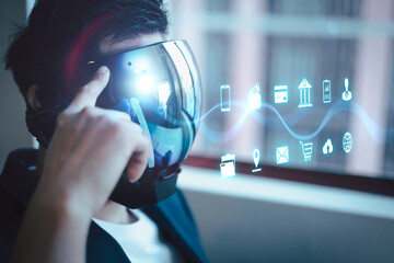 Digital transformation technology strategy, IoT, internet of things. man Wearing AR Headset Design touching futuristic in the digital age, enhancing global business capabilities. AR technology. - obrazy, fototapety, plakaty