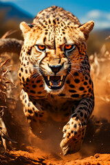Close up of cheetah running through field.