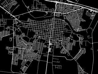 Vector road map of the city of  Cadereyta Jimenez in Mexico with white roads on a black background.