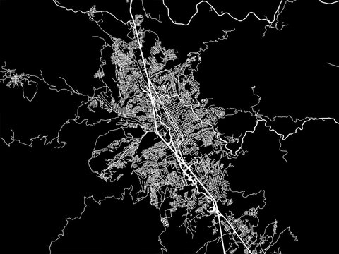 Vector road map of the city of  Chilpancingo in Mexico with white roads on a black background.