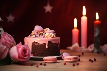 Cake and romantic decorations on Valentine's Day. Generative AI