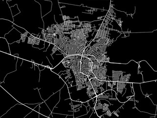 Vector road map of the city of  Ciudad Valles in Mexico with white roads on a black background.